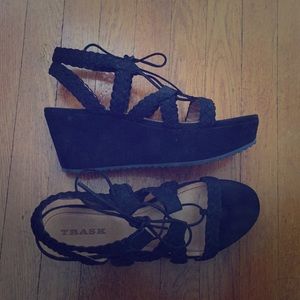 Trask black sandal wedges with shoe lace tie